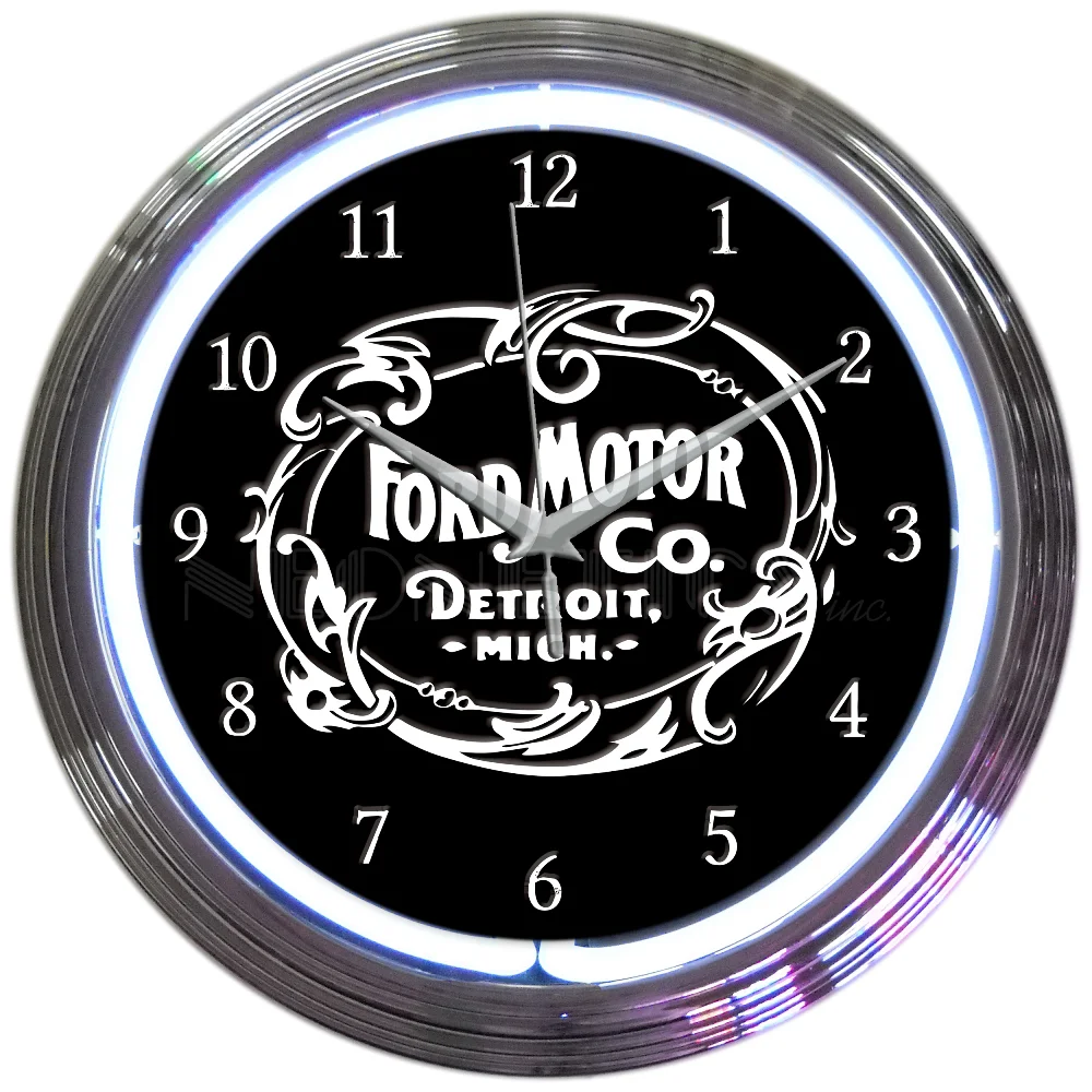 Ford Motor Company 1903 Heritage Emblem Neon Clock with chrome-finished rim and illuminated neon tube