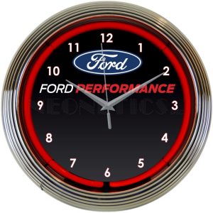 Ford Performance Neon Clock with chrome-finished rim and illuminated neon tube