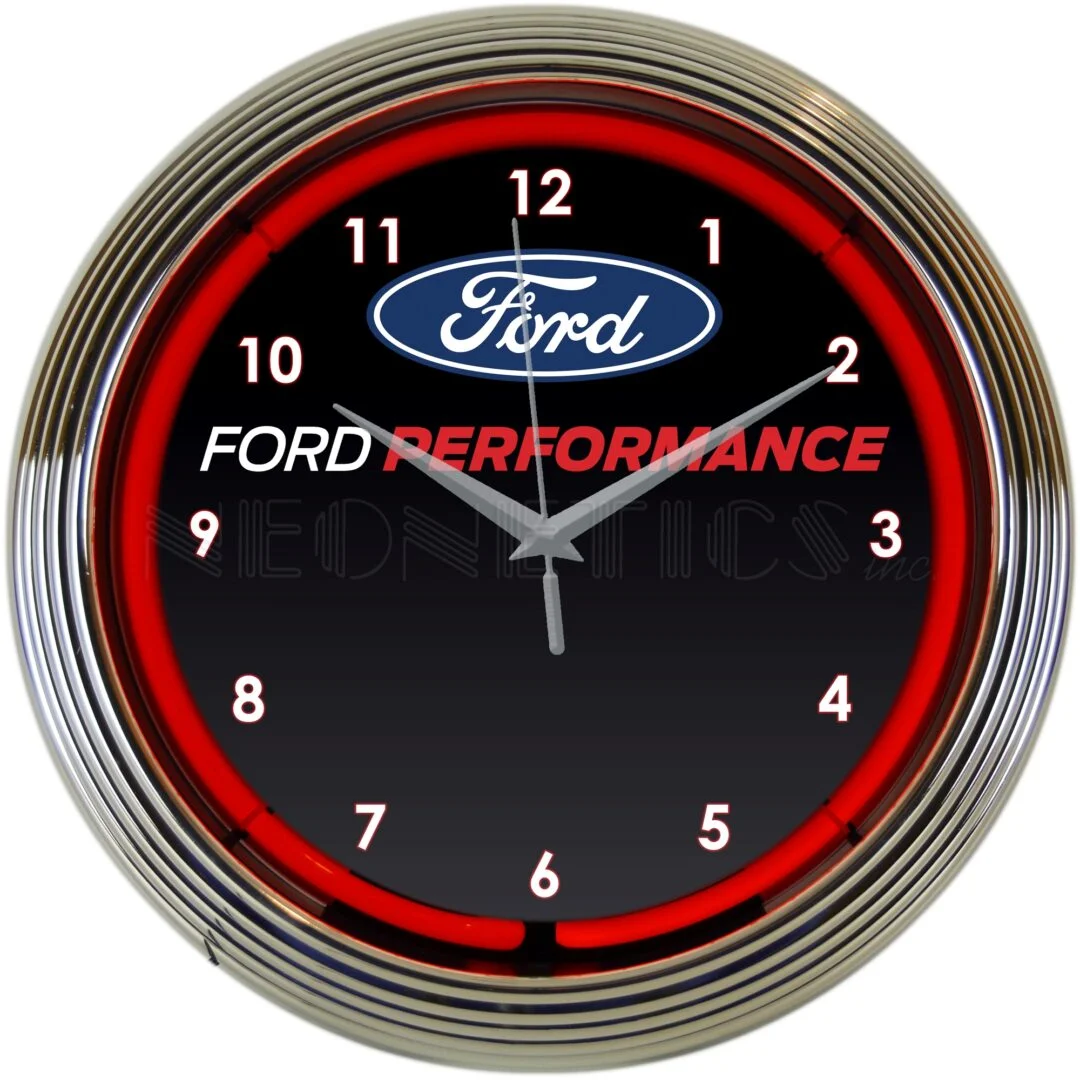 Ford Performance Neon Clock with chrome-finished rim and illuminated neon tube