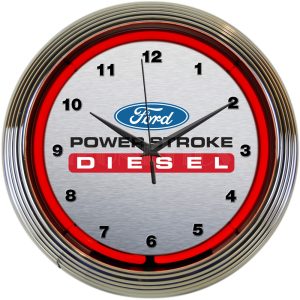 Ford Power Stroke Diesel Neon Clock with chrome-finished rim and illuminated neon tube