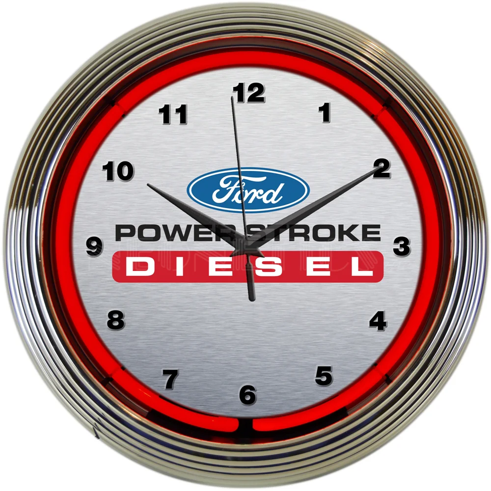 Ford Power Stroke Diesel Neon Clock with chrome-finished rim and illuminated neon tube
