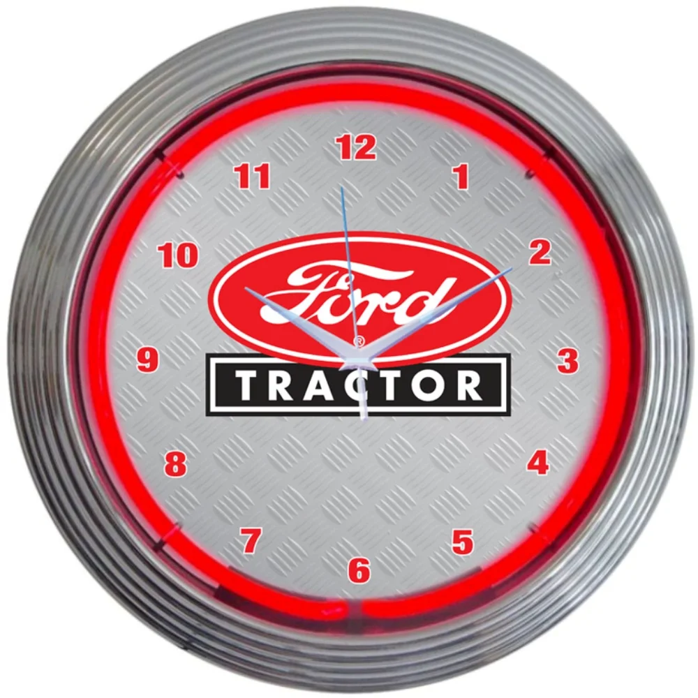Ford Tractor Neon Clock with chrome-finished rim and illuminated neon tube