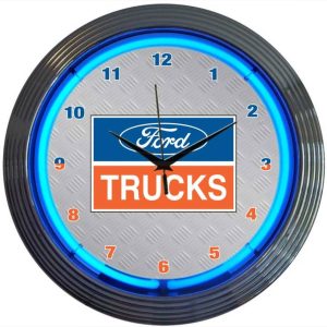 Ford Trucks Neon Clock with chrome-finished rim and illuminated neon tube