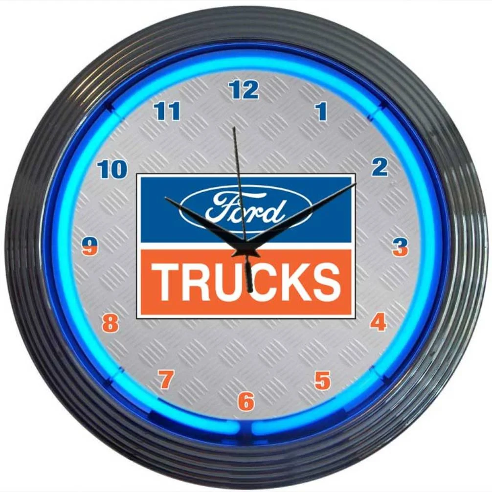 Ford Trucks Neon Clock with chrome-finished rim and illuminated neon tube