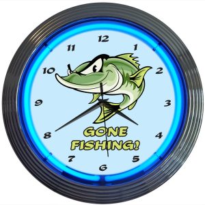 Gone Fishing Neon Clock with chrome-finished rim and illuminated neon tube