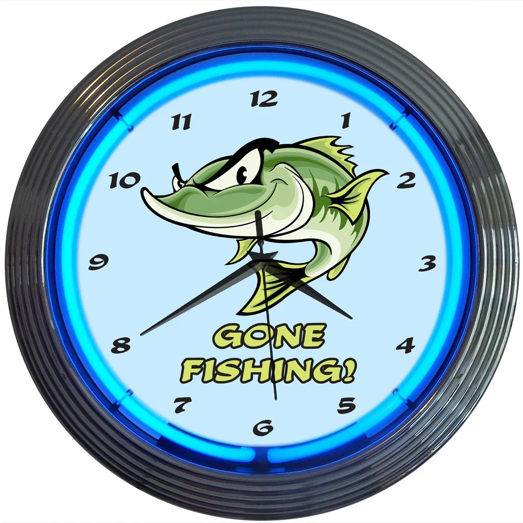 Gone Fishing Neon Clock with chrome-finished rim and illuminated neon tube