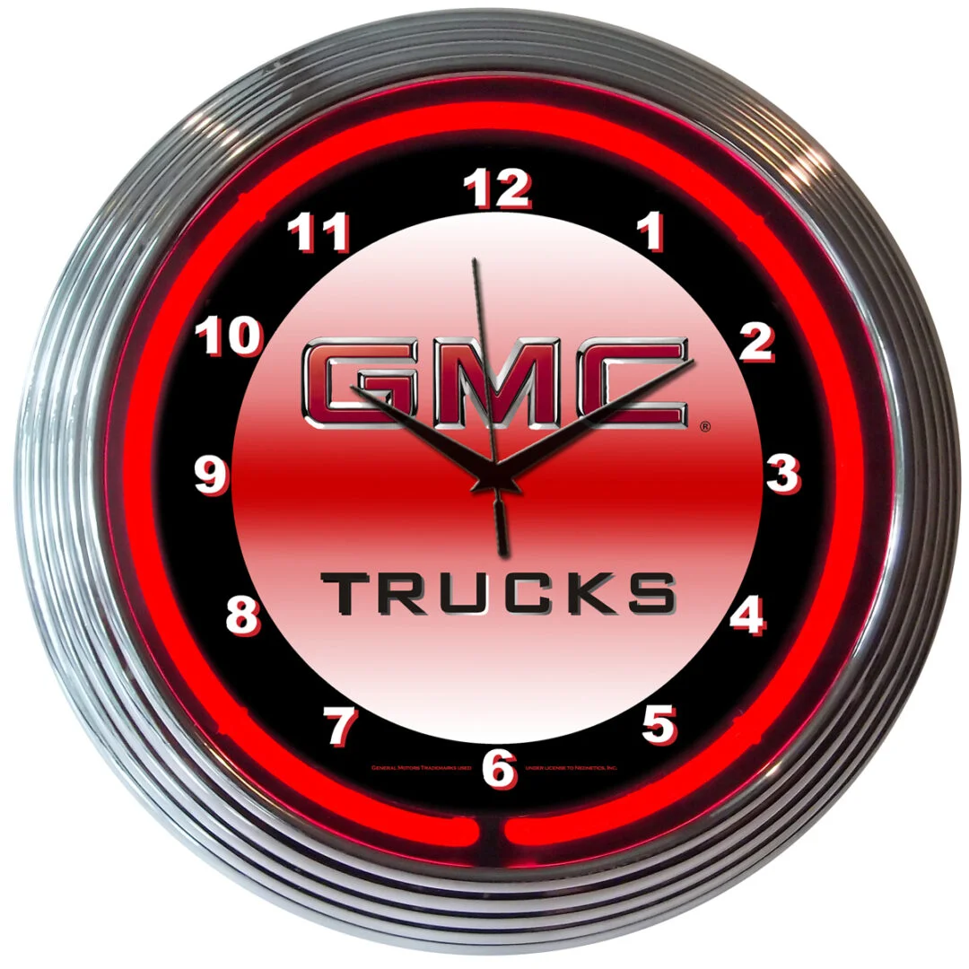 GMC Truck Neon Clock with chrome-finished rim and illuminated neon tube