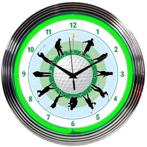 Golf Neon Clock with chrome-finished rim and illuminated neon tube