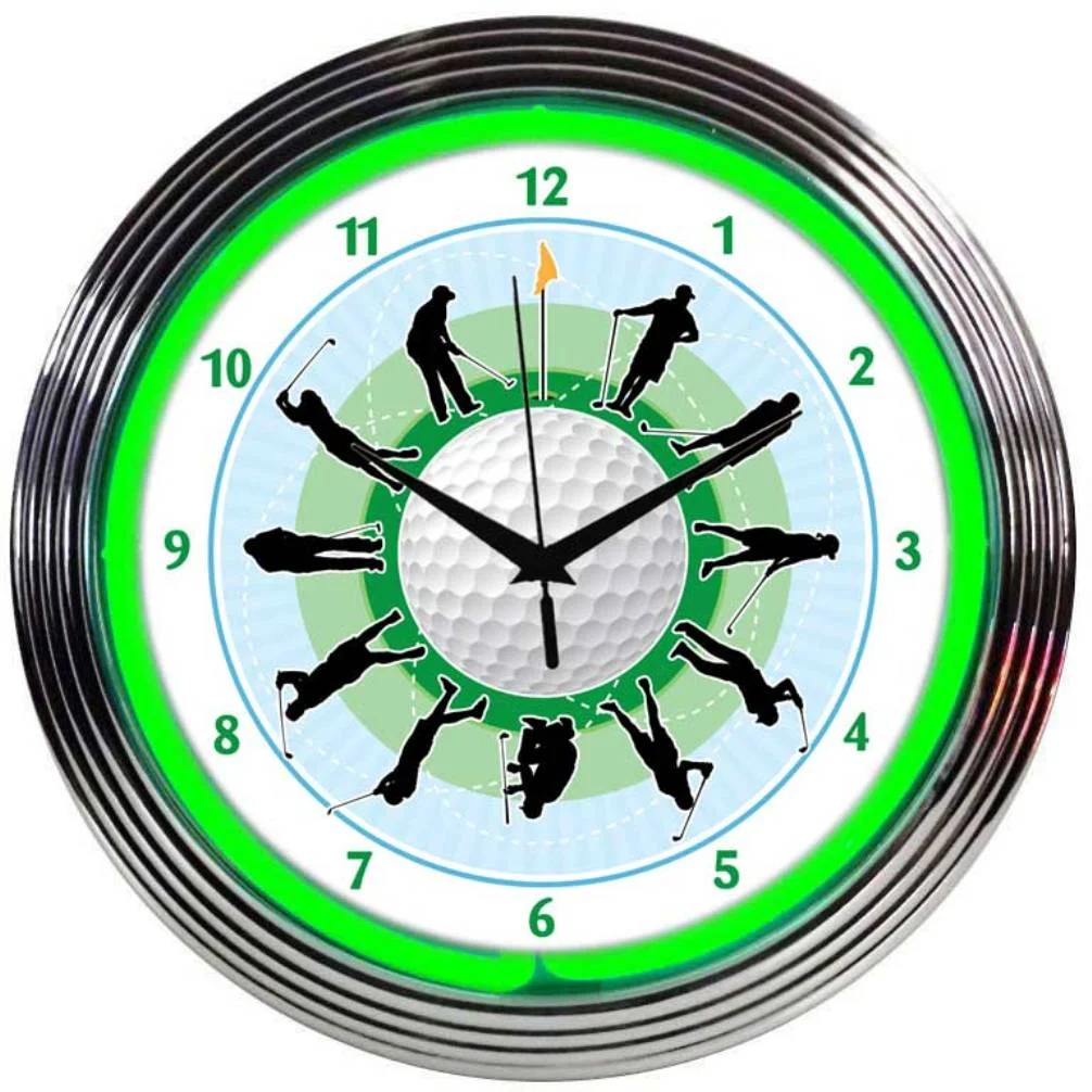 Golf Neon Clock with chrome-finished rim and illuminated neon tube