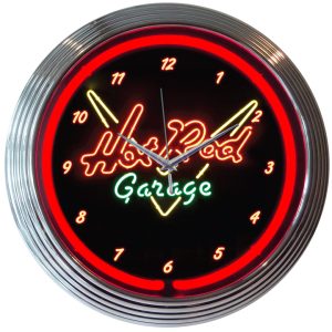 Hot Rod Garage Neon Clock with chrome-finished rim and illuminated neon tube