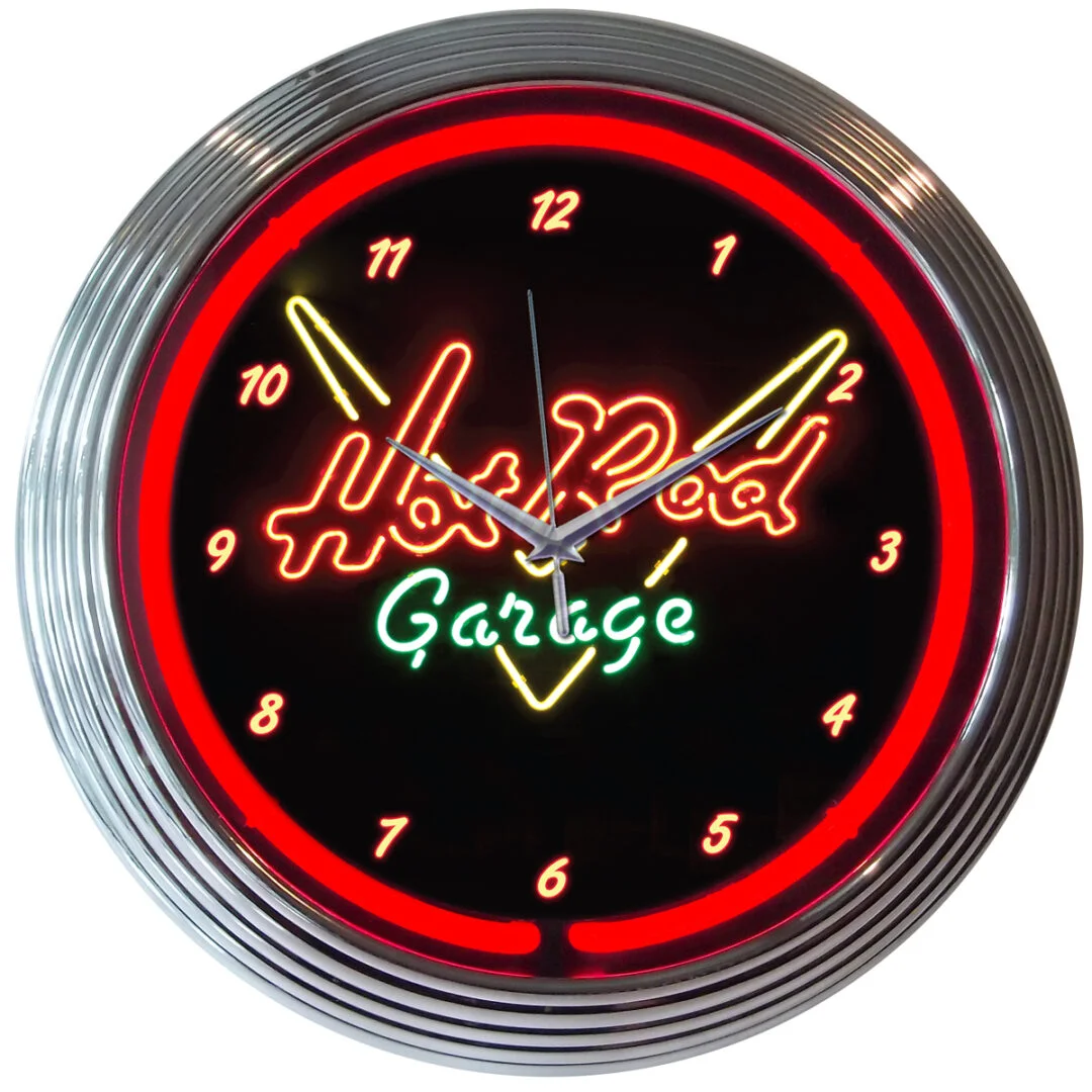 Hot Rod Garage Neon Clock with chrome-finished rim and illuminated neon tube
