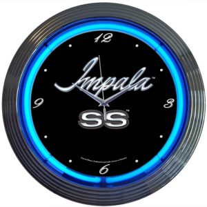 Impala Neon Clock with chrome-finished rim and illuminated neon tube
