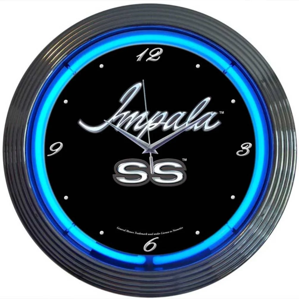 Impala Neon Clock with chrome-finished rim and illuminated neon tube