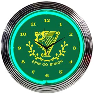 Irish Erin Go Bragh Neon Clock with chrome-finished rim and illuminated neon tube