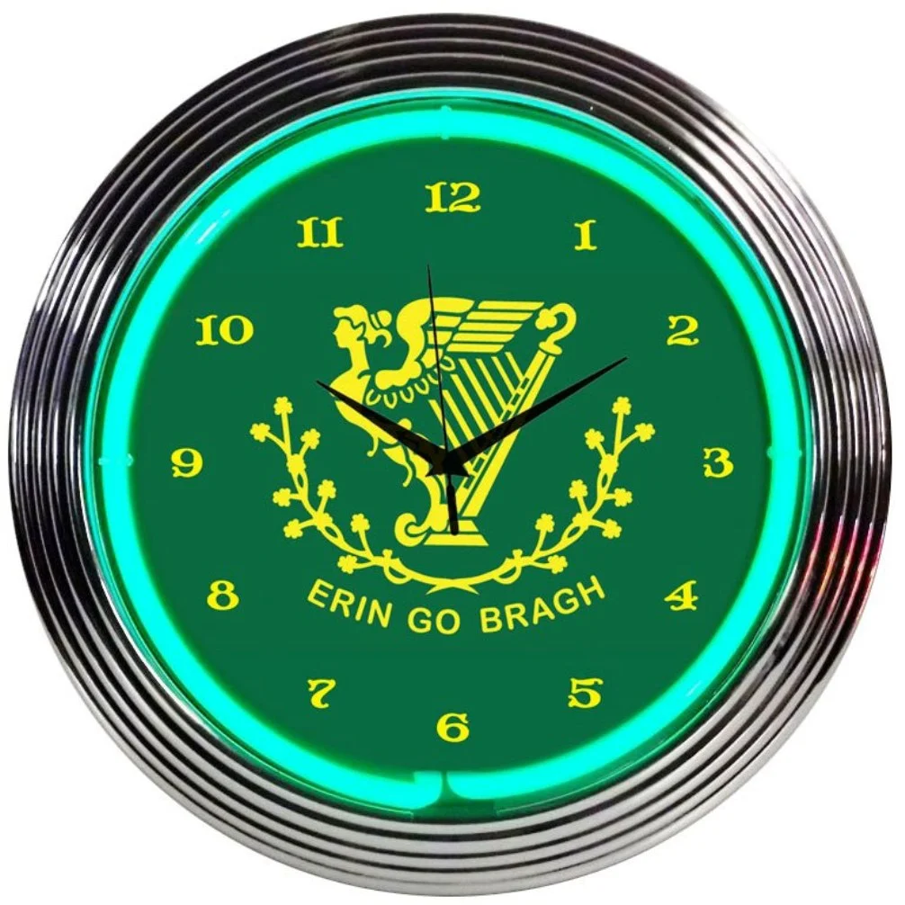 Irish Erin Go Bragh Neon Clock with chrome-finished rim and illuminated neon tube