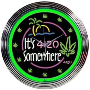 It’s 4:20 Somewhere Neon Clock with chrome-finished rim and illuminated neon tube