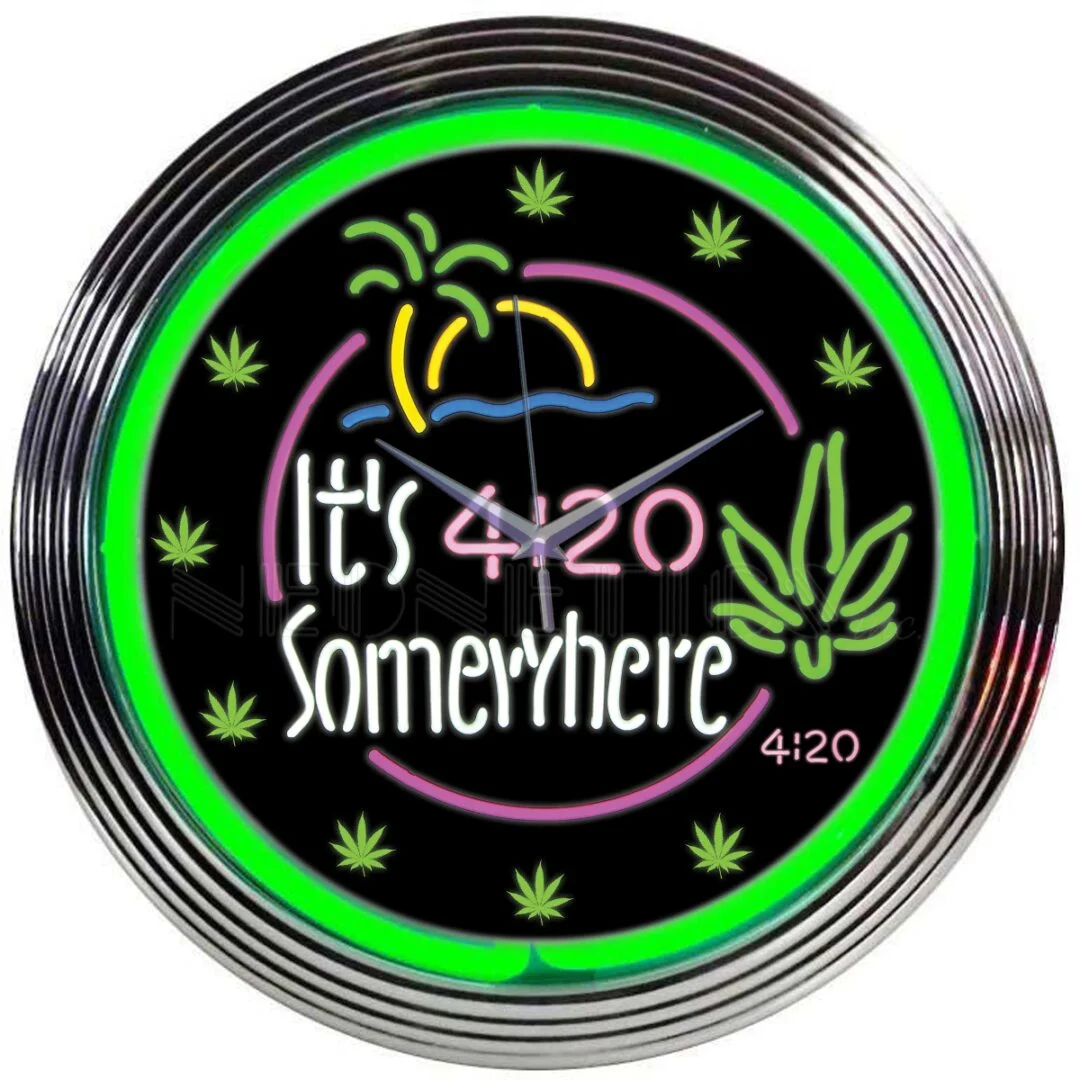 It’s 4:20 Somewhere Neon Clock with chrome-finished rim and illuminated neon tube