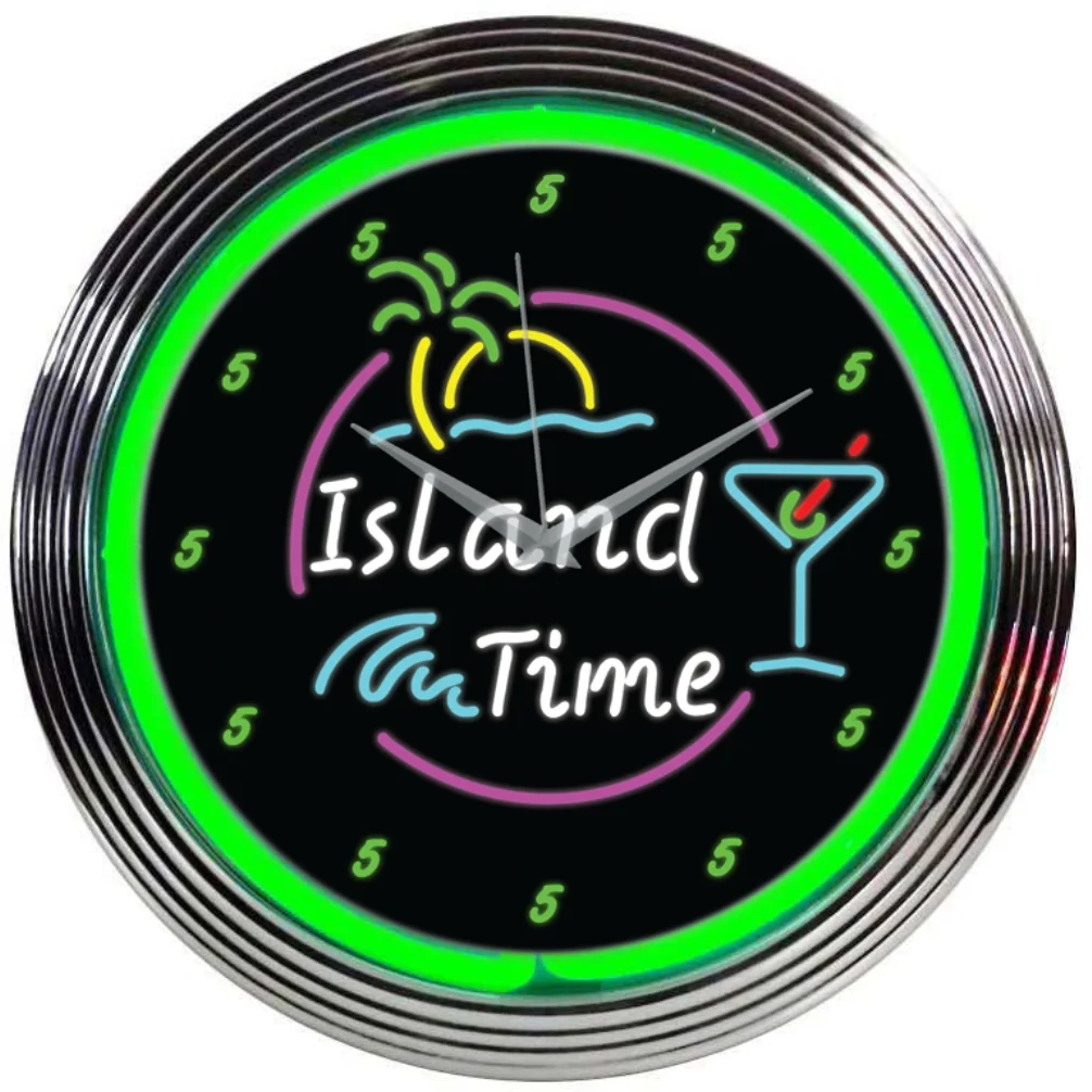 Island Time Neon Clock with chrome-finished rim and illuminated neon tube