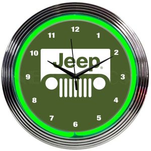 Jeep Green Neon Clock with chrome-finished rim and illuminated neon tube