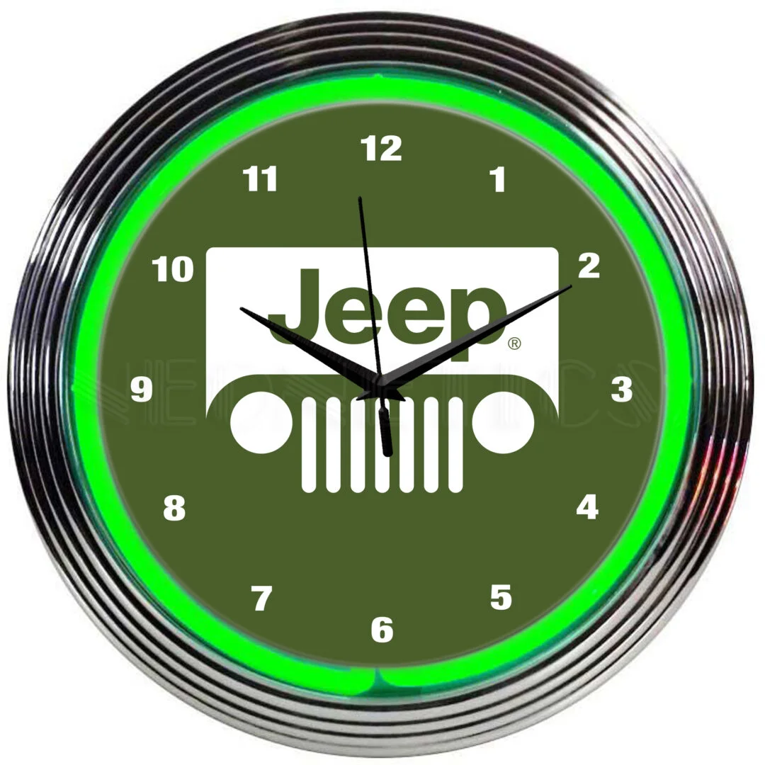 Jeep Green Neon Clock with chrome-finished rim and illuminated neon tube