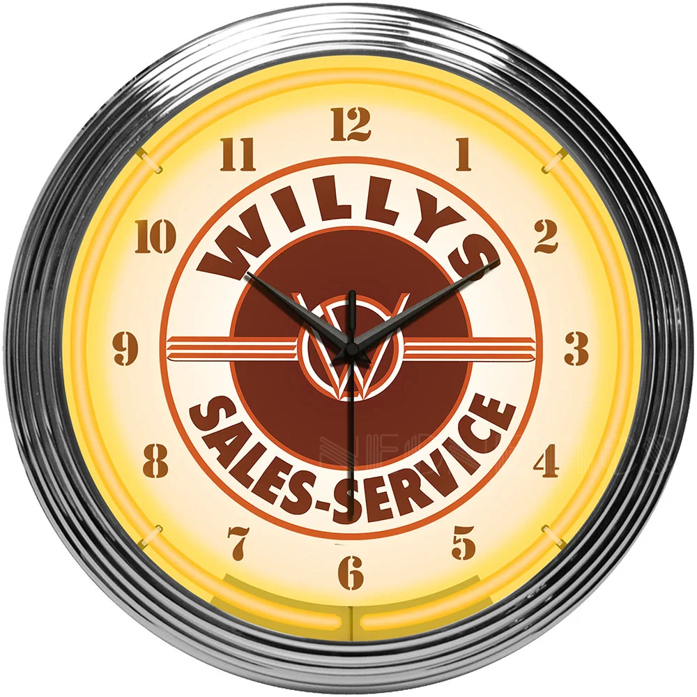 Jeep Willys Sales Service Neon Clock with chrome-finished rim and illuminated neon tube