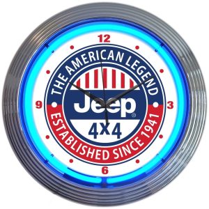 Jeep The American Legend Neon Clock with chrome-finished rim and illuminated neon tube