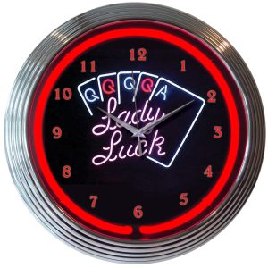 Lady Luck Neon Clock with chrome-finished rim and illuminated neon tube