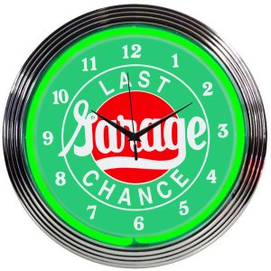 Last Chance Garage Neon Clock with chrome-finished rim and illuminated neon tube