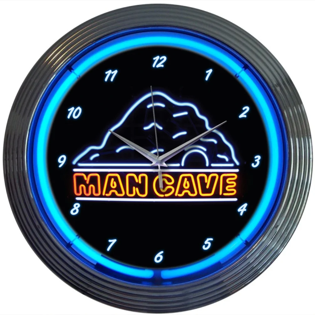 Mancave Neon Clock with chrome-finished rim and illuminated neon tube