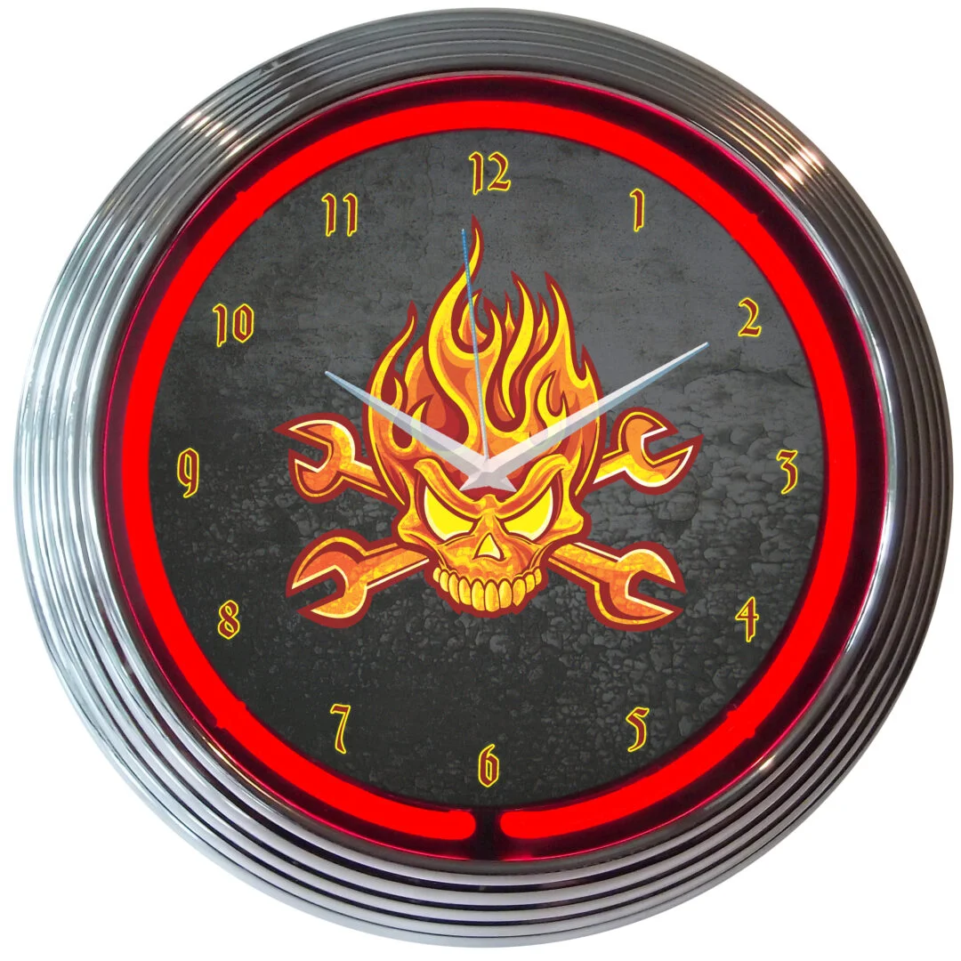 Mechanic Fire Skull And Wrenches Neon Clock with chrome-finished rim and illuminated neon tube