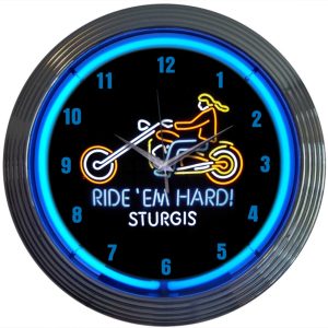 Motorcycle Ride Em Hard Sturgis Neon Clock with chrome-finished rim and illuminated neon tube
