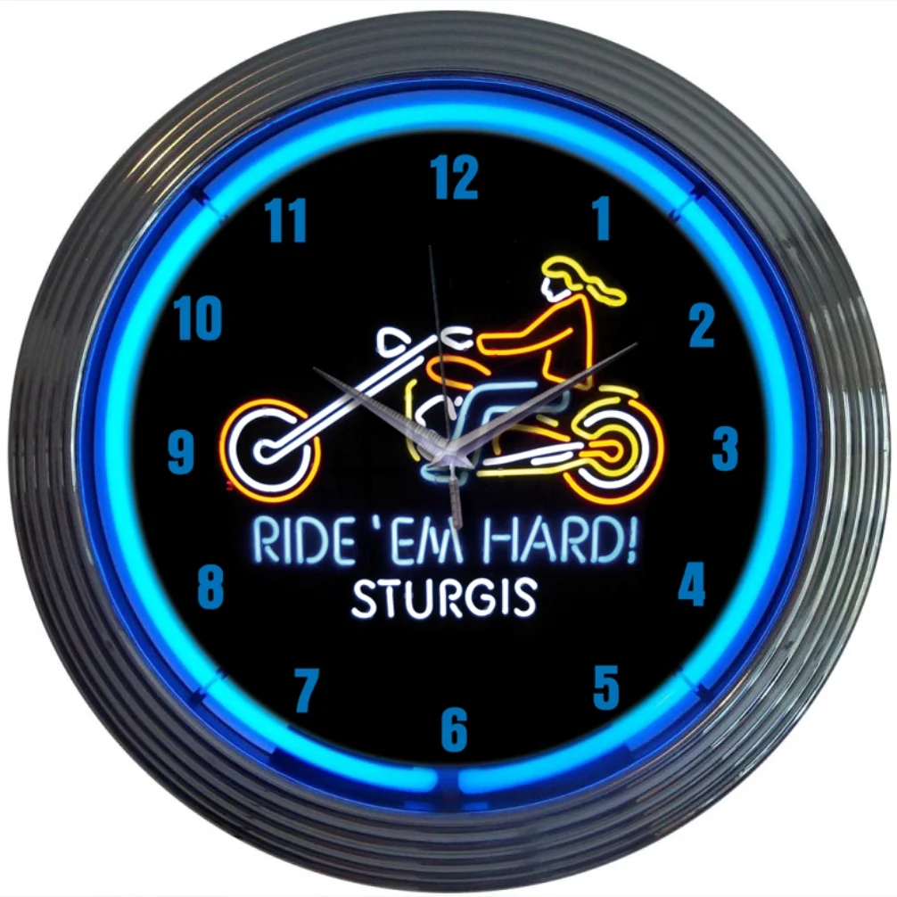 Motorcycle Ride Em Hard Sturgis Neon Clock with chrome-finished rim and illuminated neon tube
