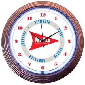 Mopar Arrow Neon Clock with chrome-finished rim and illuminated neon tube