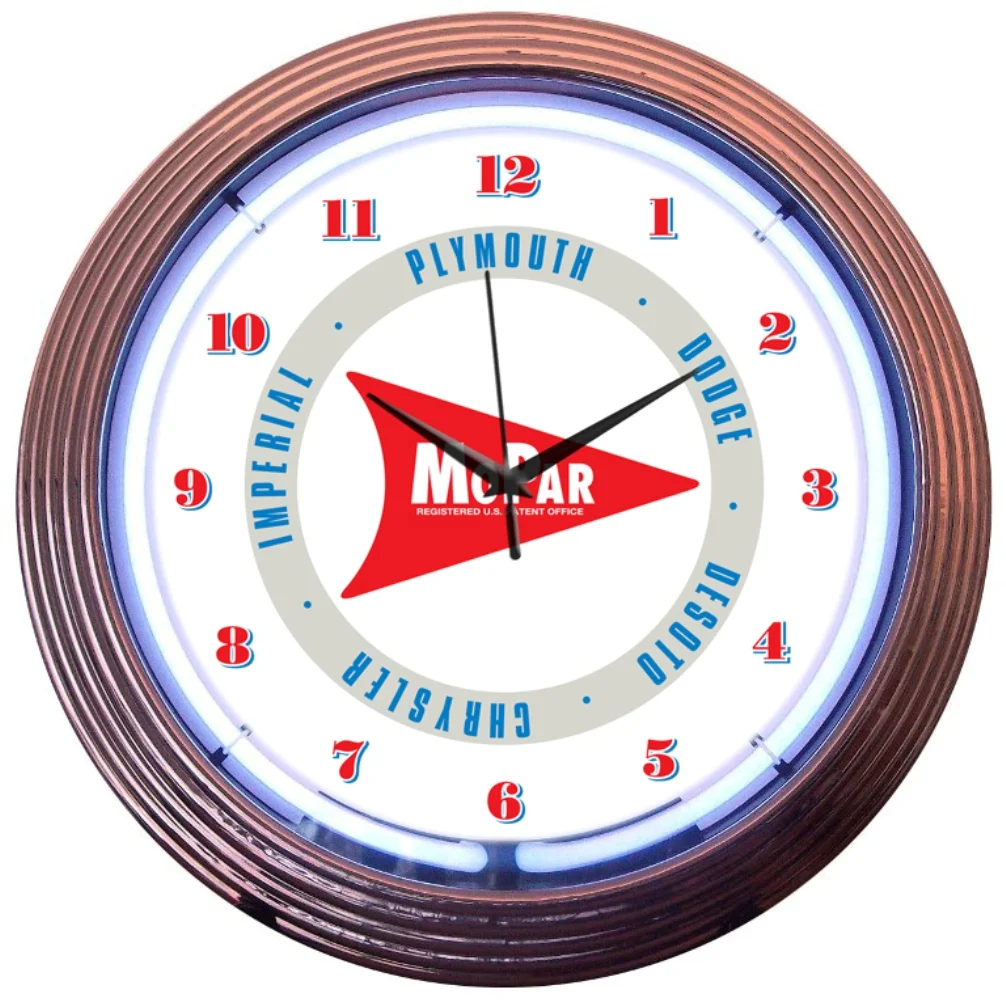Mopar Arrow Neon Clock with chrome-finished rim and illuminated neon tube