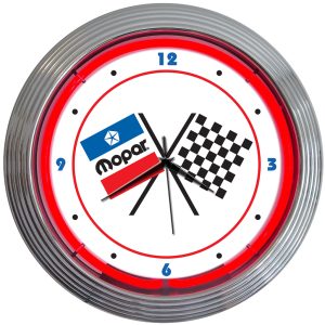 Mopar Checkered Flag Neon Clock with chrome-finished rim and illuminated neon tube