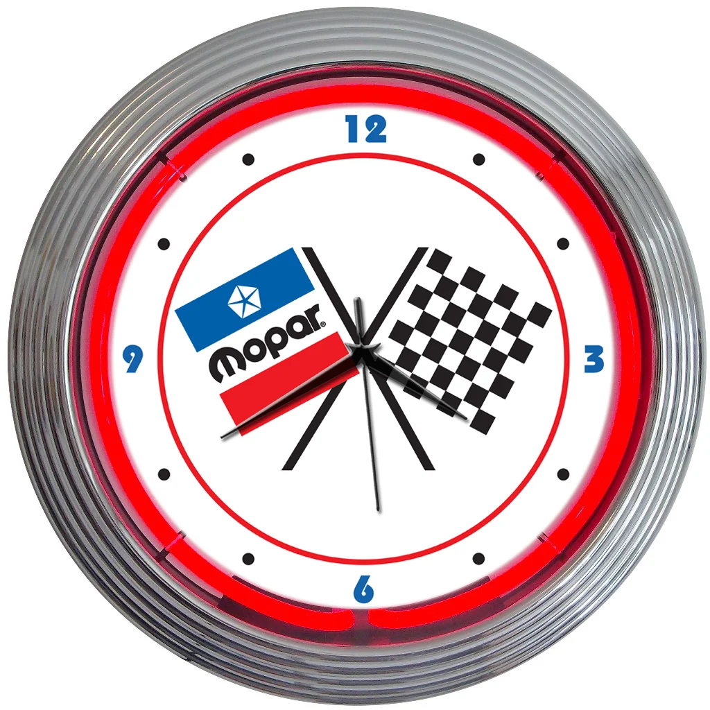 Mopar Checkered Flag Neon Clock with chrome-finished rim and illuminated neon tube
