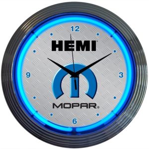 Mopar HEMI Neon Clock with chrome-finished rim and illuminated neon tube