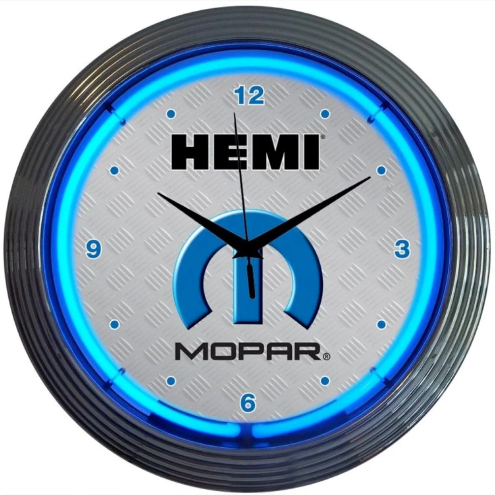 Mopar HEMI Neon Clock with chrome-finished rim and illuminated neon tube