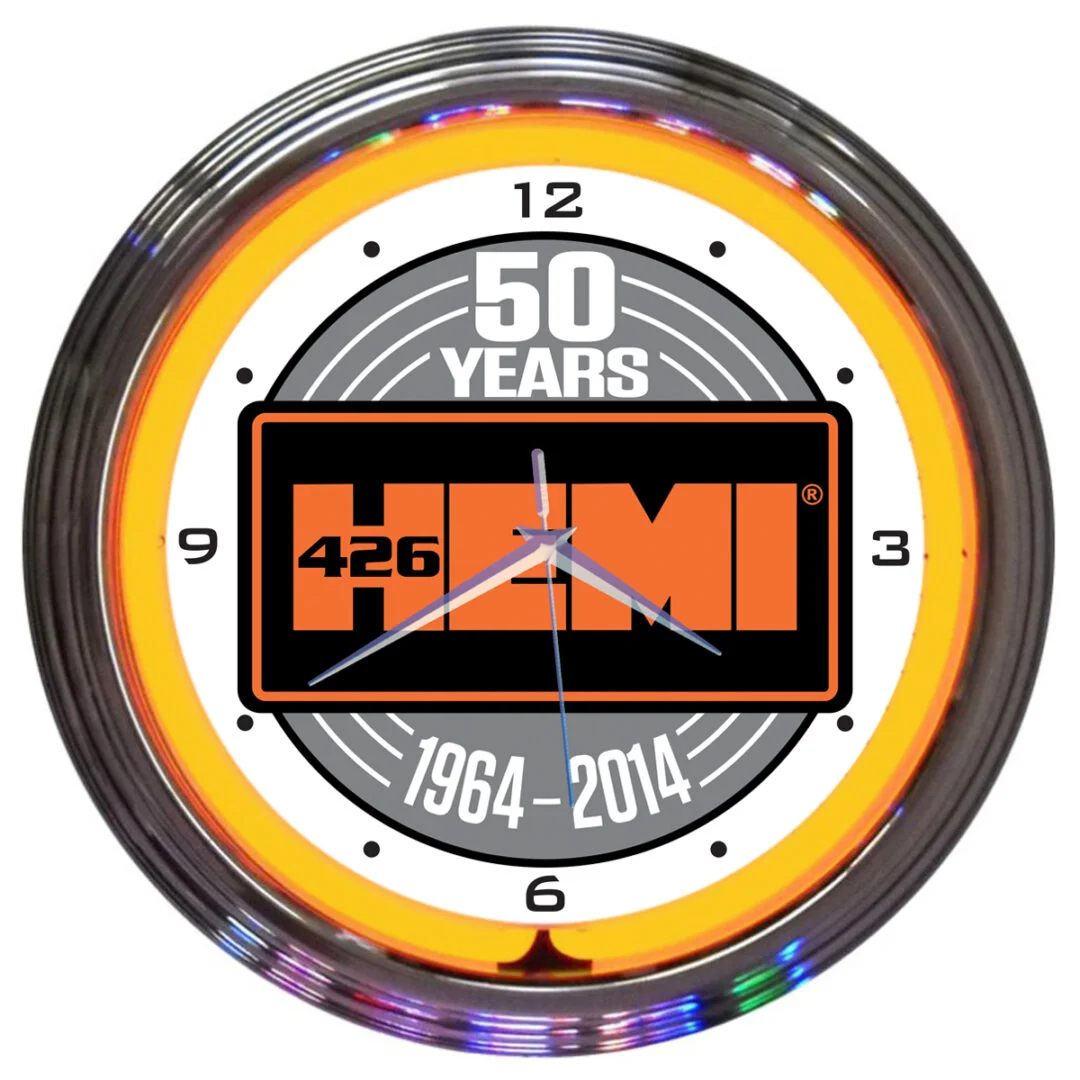 HEMI 50th Anniversary Neon Clock with chrome-finished rim and illuminated neon tube