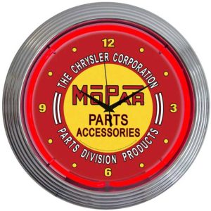 Mopar Red Vintage Neon Clock with chrome-finished rim and illuminated neon tube