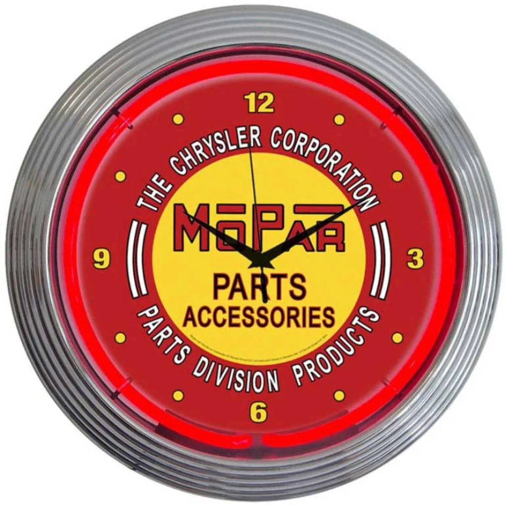 Mopar Red Vintage Neon Clock with chrome-finished rim and illuminated neon tube