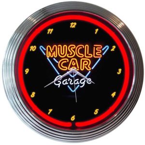 Muscle Car Garage Neon Clock with chrome-finished rim and illuminated neon tube