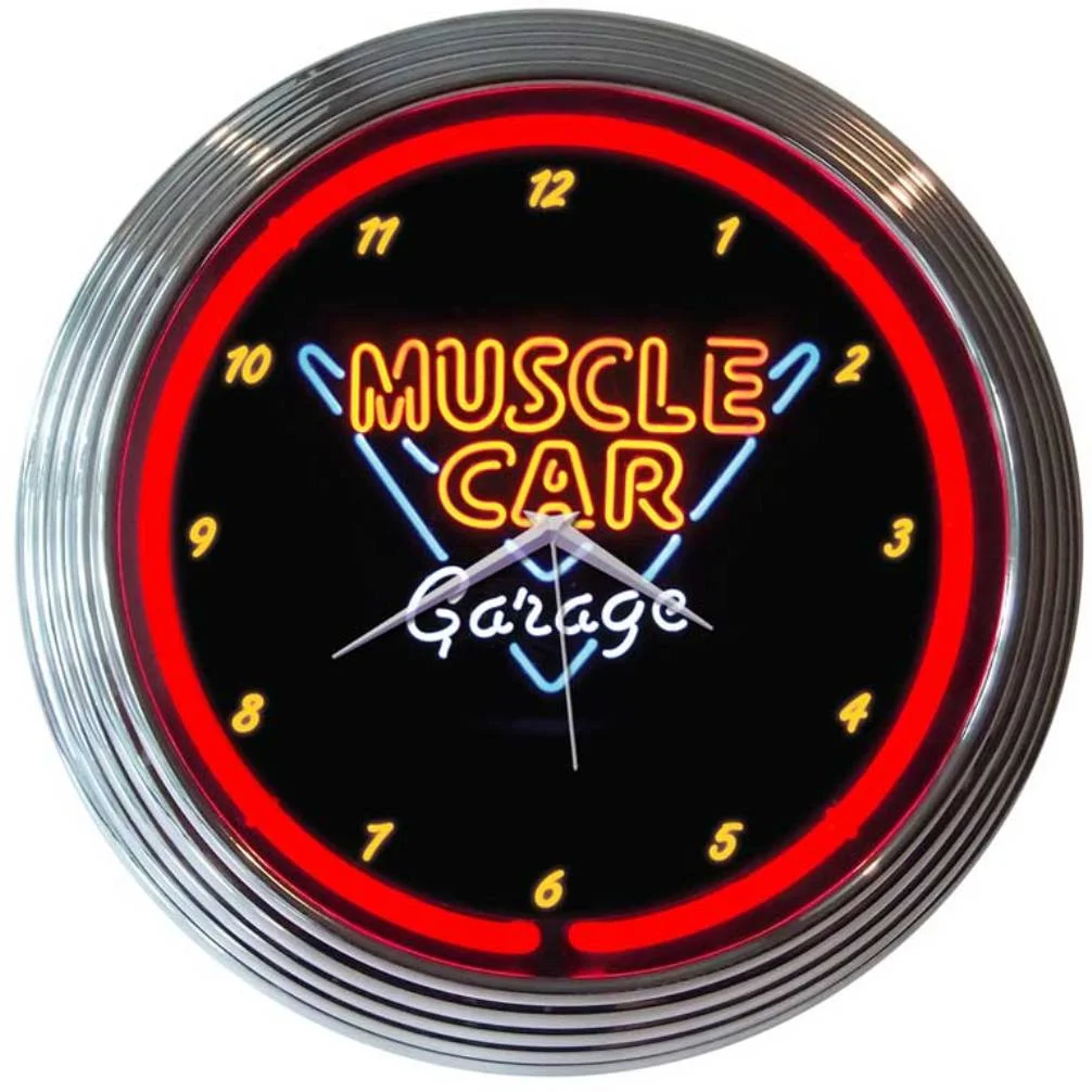 Muscle Car Garage Neon Clock with chrome-finished rim and illuminated neon tube