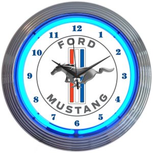 Ford Mustang Blue Neon Clock with chrome-finished rim and illuminated neon tube