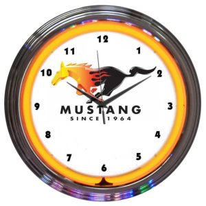 Ford Mustang Since 1964 Orange Neon Clock with chrome-finished rim and illuminated neon tube