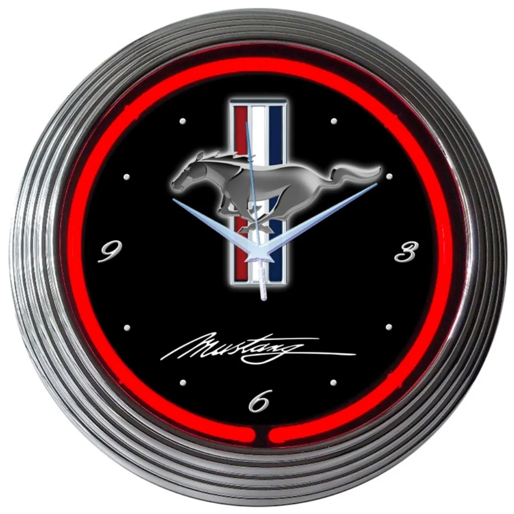 Ford Mustang Neon Clock with chrome-finished rim and illuminated neon tube
