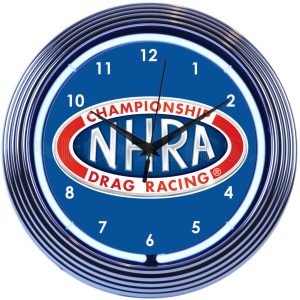 NHRA Neon Clock with chrome-finished rim and illuminated neon tube
