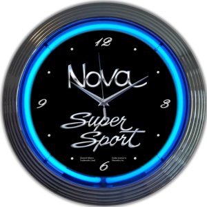 GM Chevy Nova Neon Clock with chrome-finished rim and illuminated neon tube