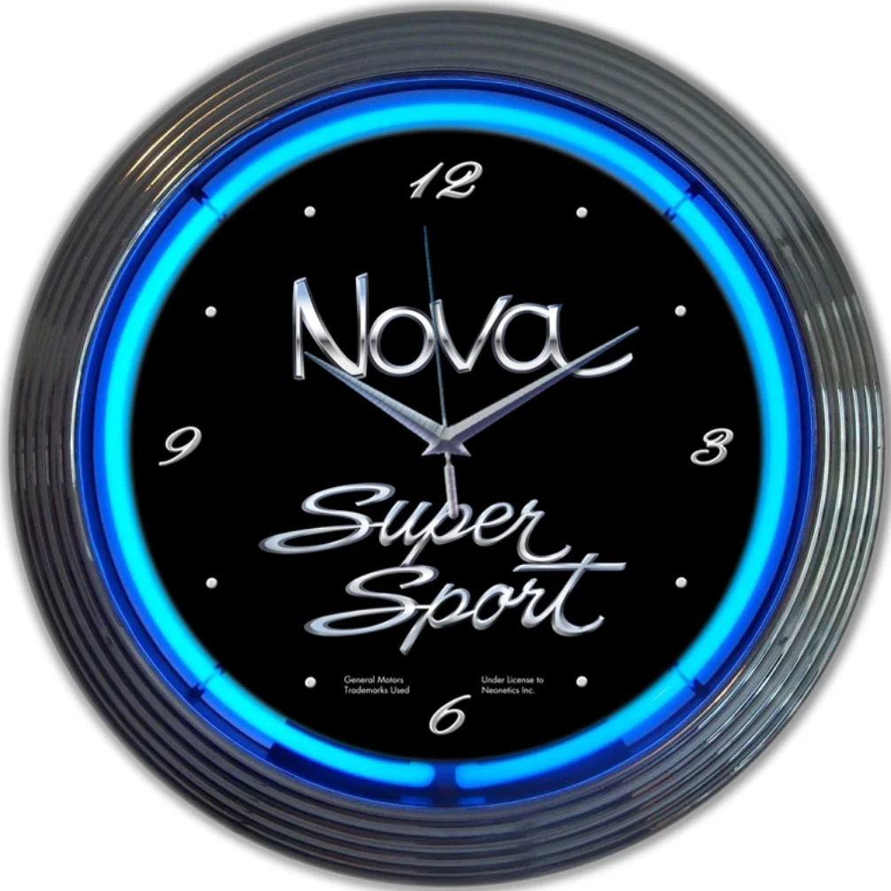 GM Chevy Nova Neon Clock with chrome-finished rim and illuminated neon tube