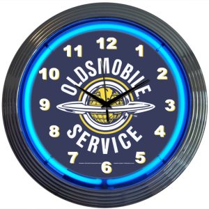 GM Oldsmobile Service Neon Clock with chrome-finished rim and illuminated neon tube
